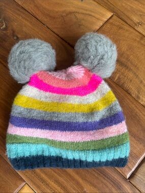 GAP Multicolor Striped Kids Beanie with Gray Pom-Poms